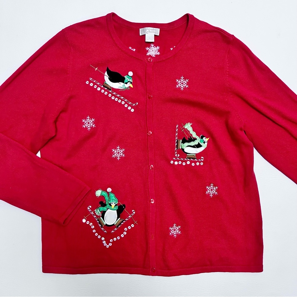 Vintage Penguin Christmas Cardigan Knit Sweater Embroidered Size XL
